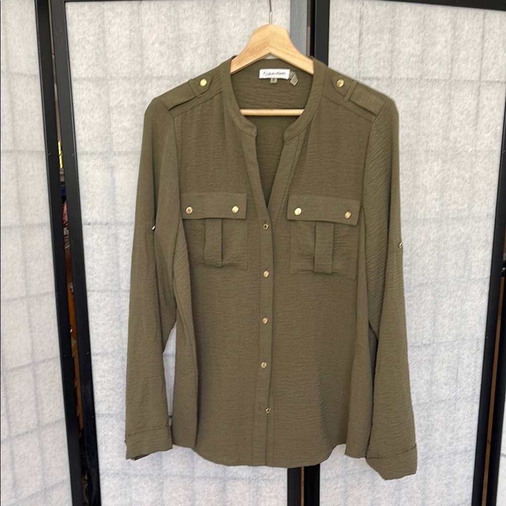 Calvin Klein Olive Green Button-Up Blouse size- medium